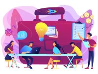 Business briefing concept vector illustration Colleagues meeting. Team brainstorming. Corporate training. Business briefing, teamwork task discussion, business strategy communication concept. Bright vibrant violet vector isolated illustration