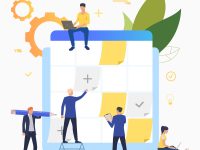 Business people planning and working with task board Business people planning and working with task board. Staff, scheduling, teamwork concept. Vector illustration can be used for topics like business, management, planning