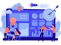 Data initiative concept vector illustration. Tiny business analysts discussing ideas at laptop with data. Data initiative, occupation in metadata study, data driven startup concept. Pinkish coral bluevector isolated illustration